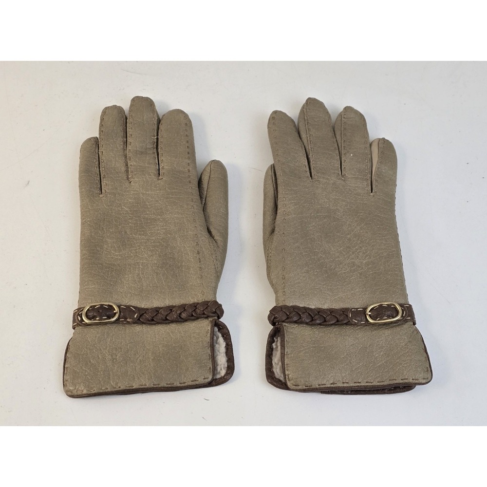 Vintage Van‎ Raalte Brown Vegan Leather Ladies Medium Gloves Sherpa Lining